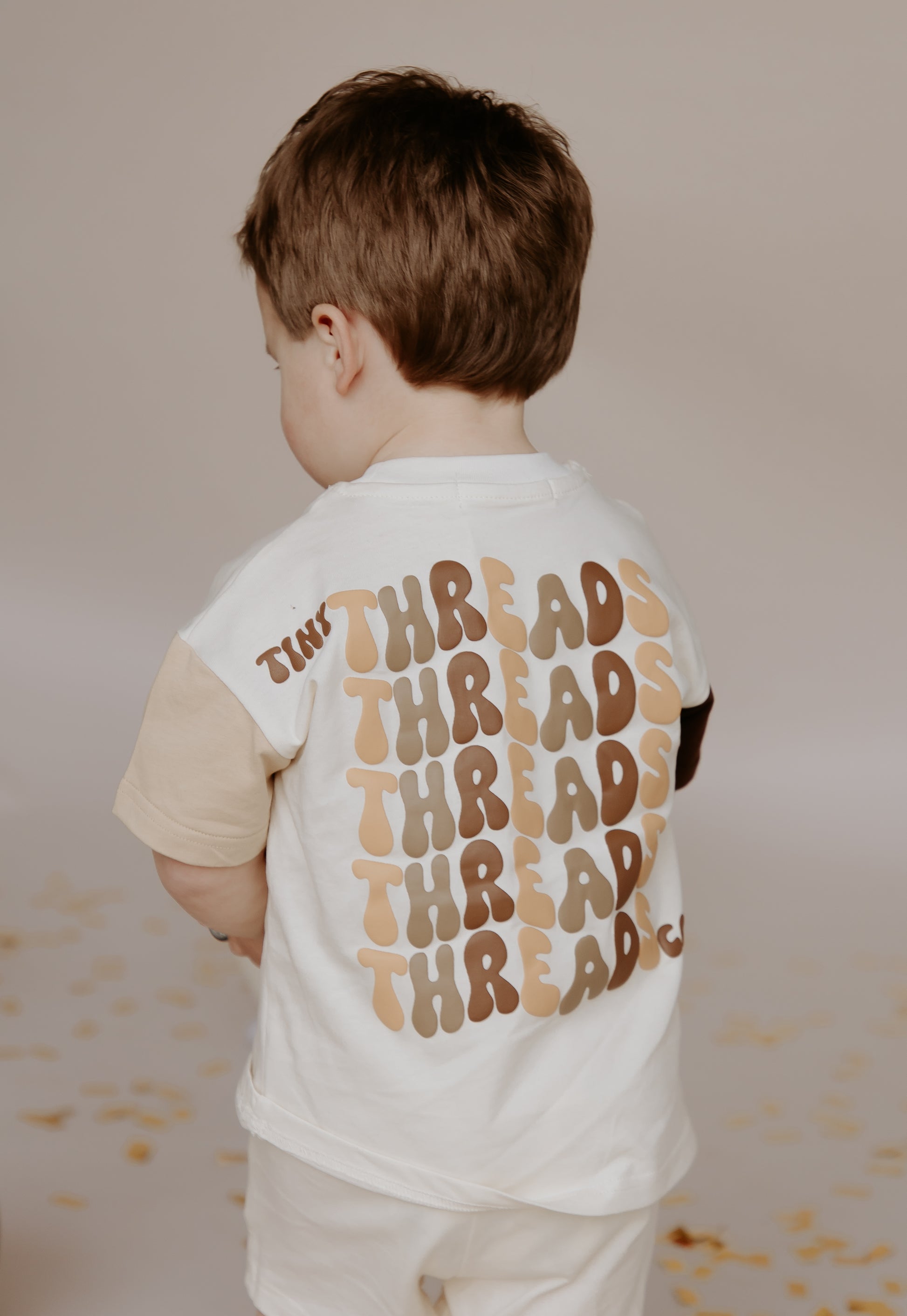 Tiny Threads Co. oversized short sleeve set in brown, worn by H aged 22 months